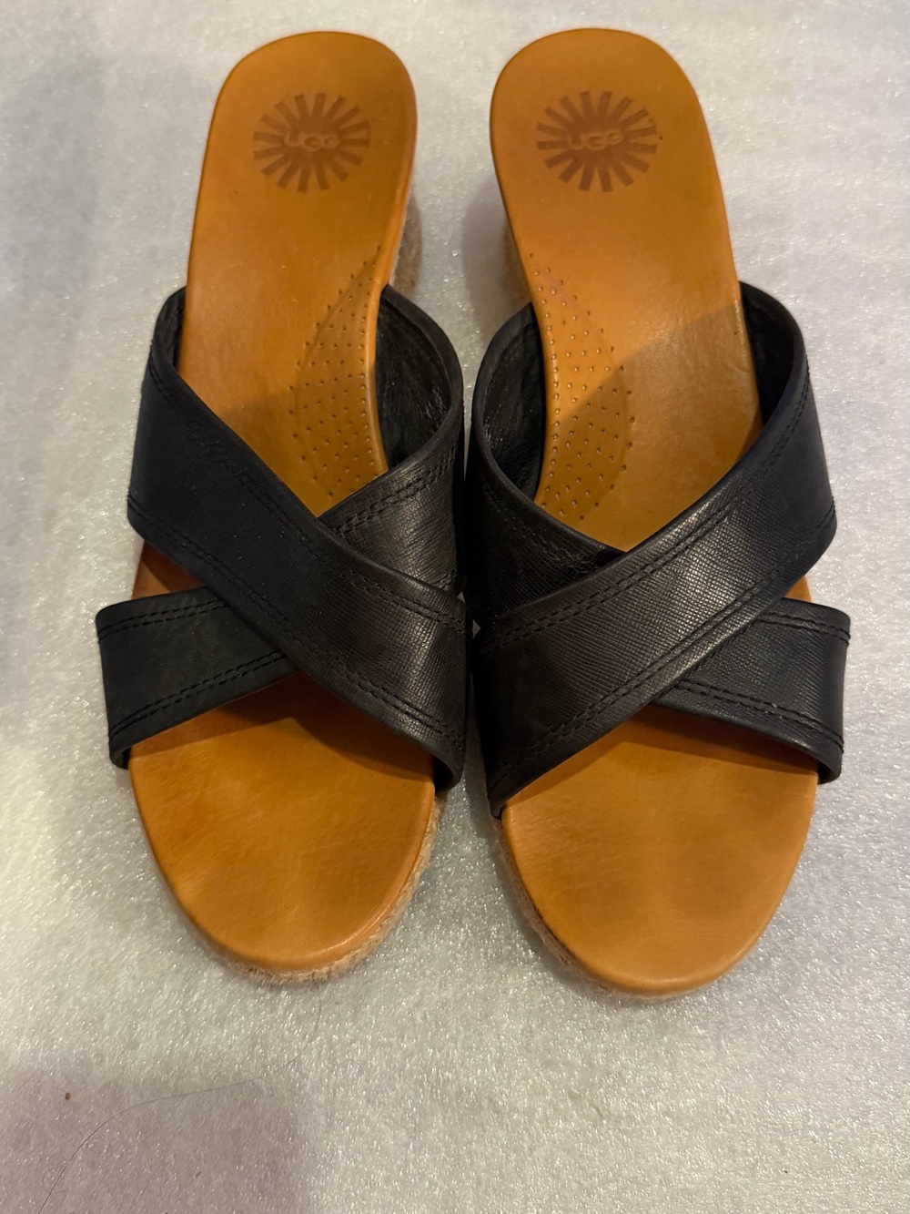UGG Black Crisscross Leather Slide Mules with Tan Footbed
